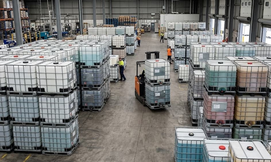 A wide aisle in the IBC Columbus yard — sorted rows of IBC totes with a forklift moving a stack between rows.