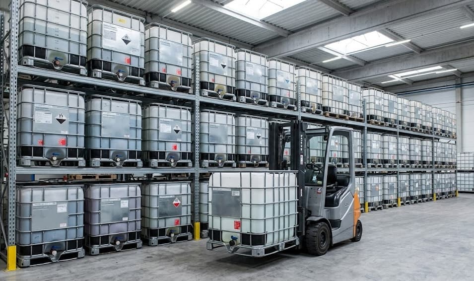 Forklift moving a single IBC tote through the IBC Columbus yard, racked rows of inventory in the background.