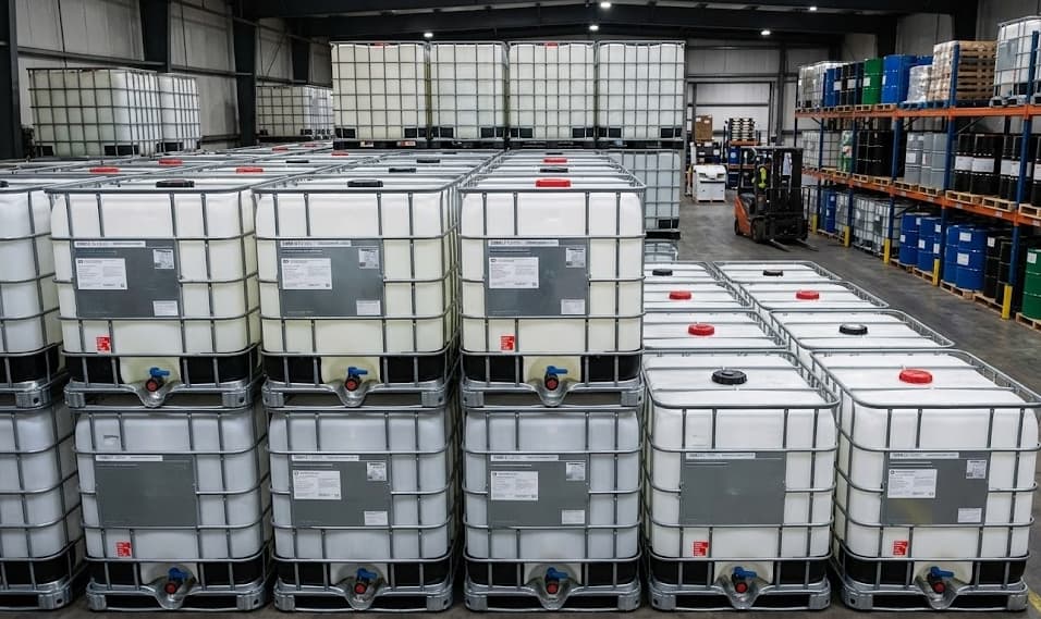 Stacked IBC totes mid-inspection at the IBC Columbus yard, white bottles in galvanized cages with red and blue valves.