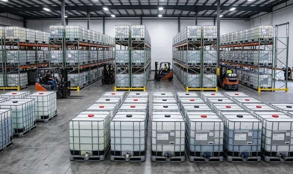 Two forklifts moving stacked IBC totes through the freight-staging area of the IBC Columbus yard.