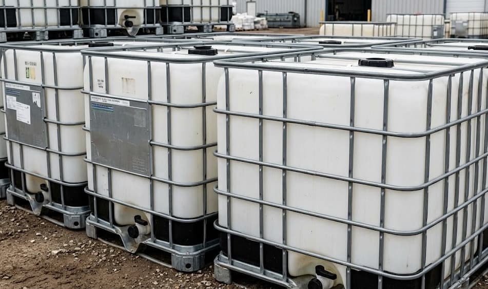 Close-up of caged composite IBC totes staged on gravel outside the IBC Columbus fab shop.